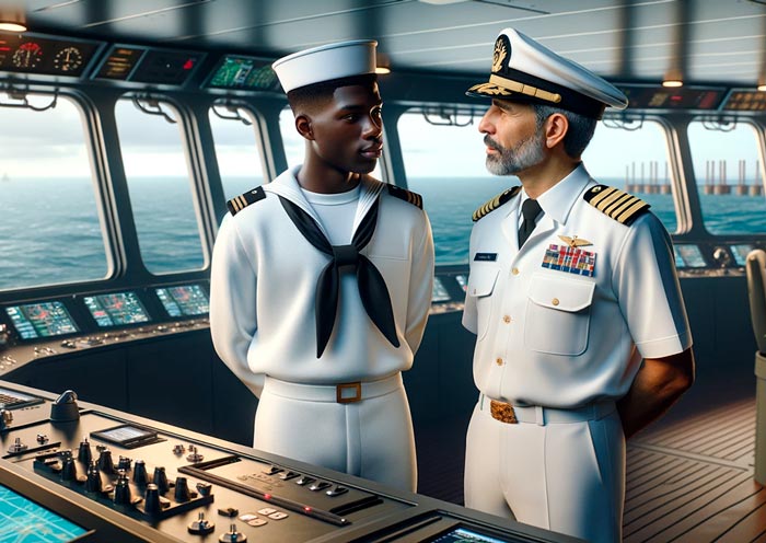 marinero y capitan en puente de mandos